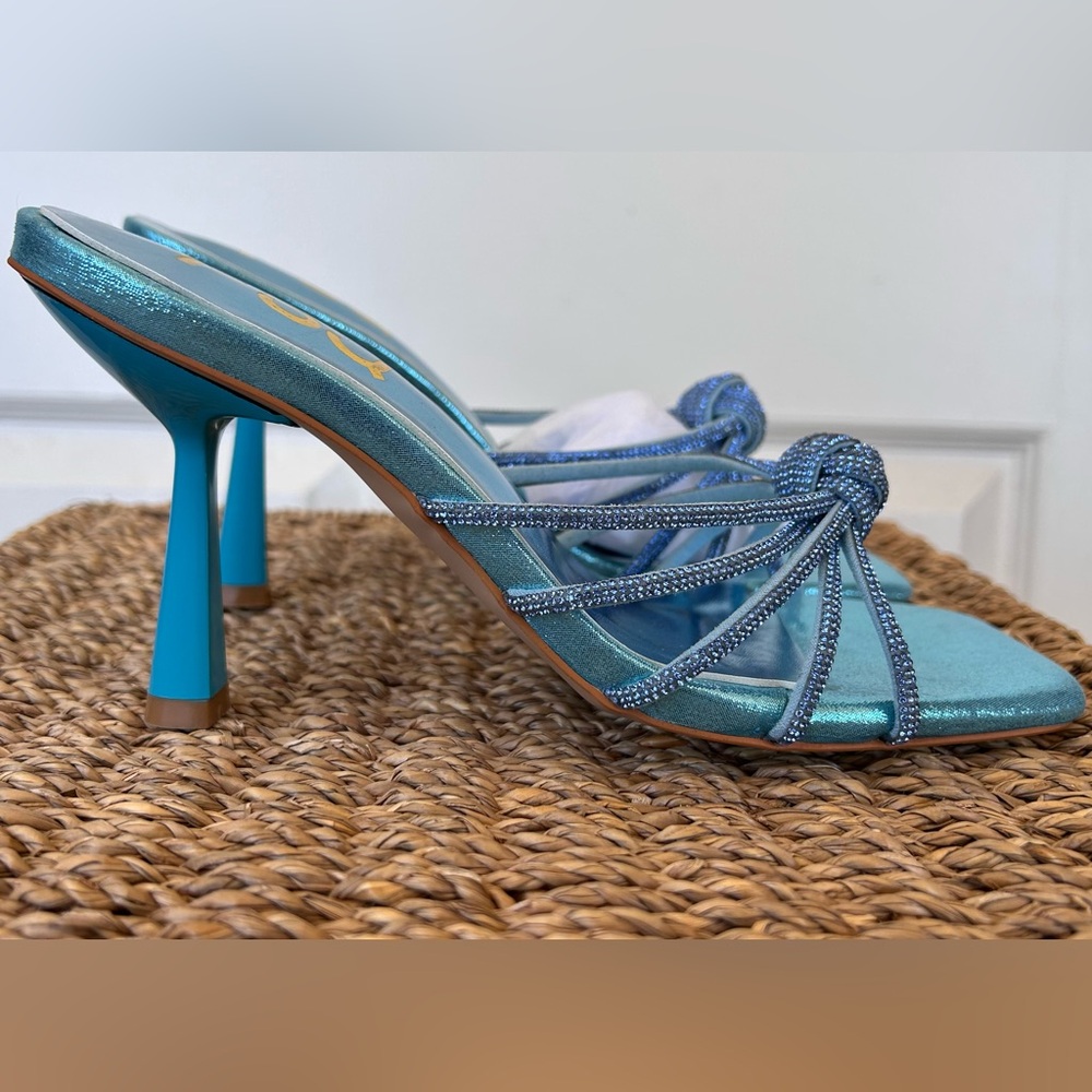 FSJ Blue Satin Square Toe Flare‎ Heel Rhinestone Party Mules Size 7